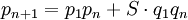 p_{n+1} = p_1 p_n + S \cdot q_1 q_n\,\!